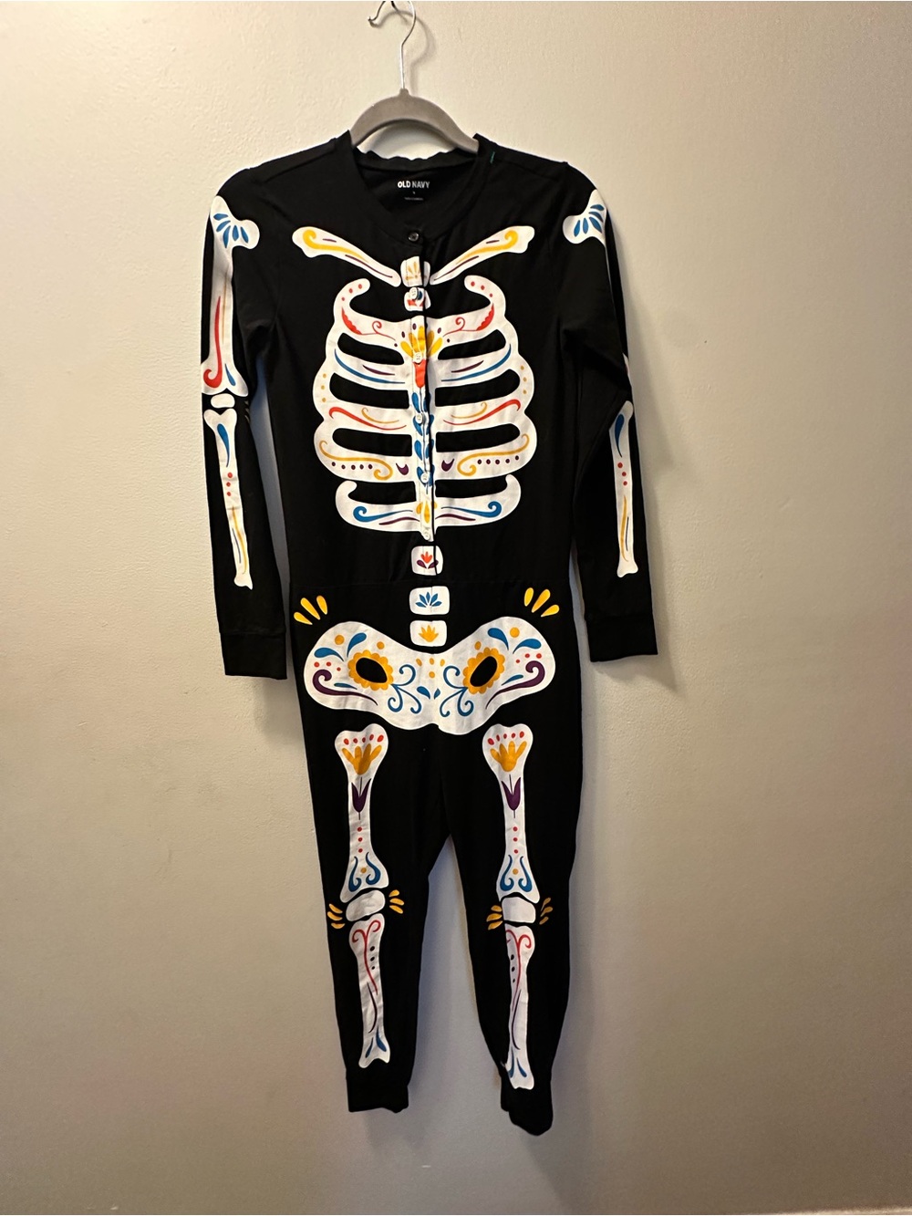 Old Navy Black Day of the Dead Skeleton Pajama Costume with Colorful Accents